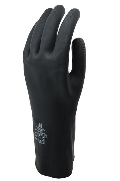 Chemical Gloves Black Colour Heavy Duty Flocklined Natural Rubber GVFL2812