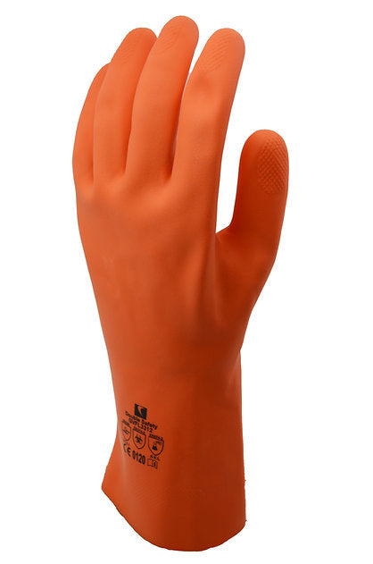 Chemical Gloves Orange Colour Heavy Duty Flocklined  Natural  Rubber GVFL3312